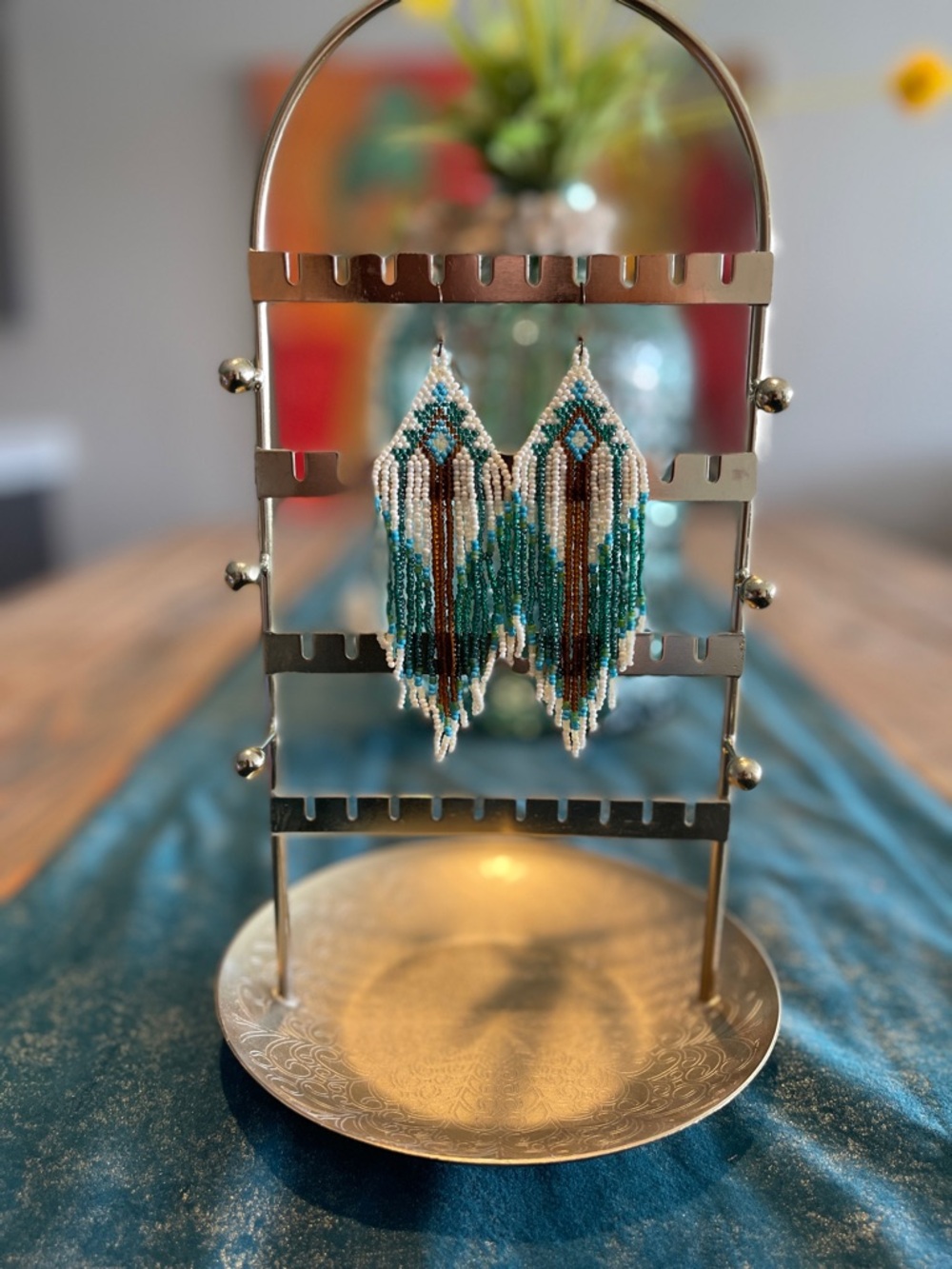 Spectacular Artisan Beaded Fringe Earrings in Teal, White & Brown